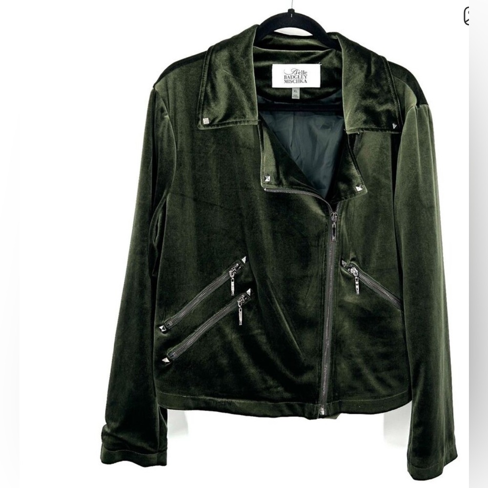 BADGLEY MISCHKA Green Velvet Velour Asymmetrical Studded Moto Jacket Size M